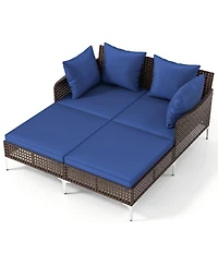 Sugift Outdoor Rattan Double Daybed Wicker Chaise Lounge