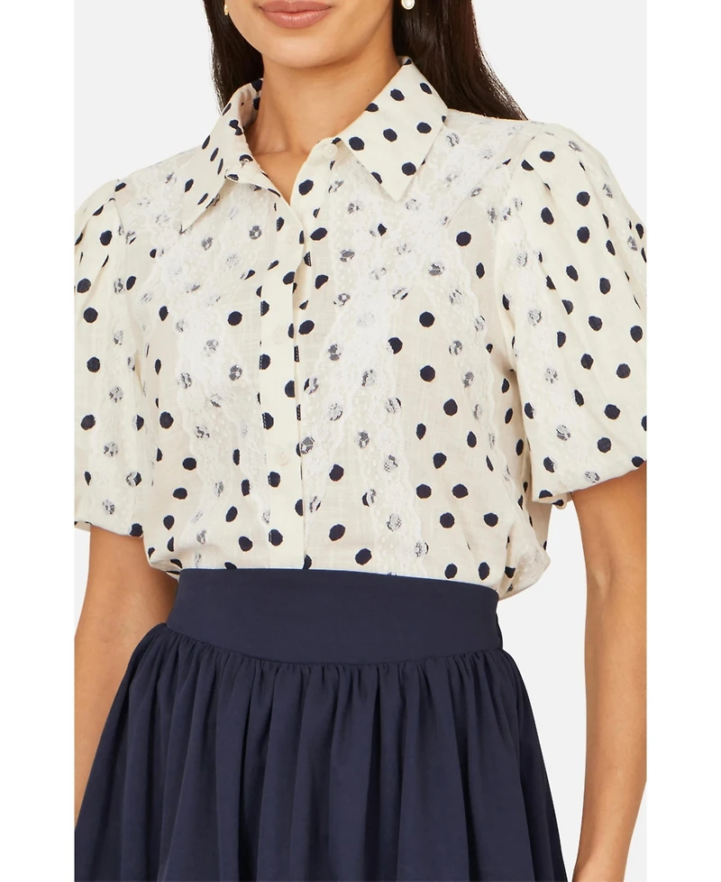 Yumi Women's Polka Dot Lace Boxy Shirt