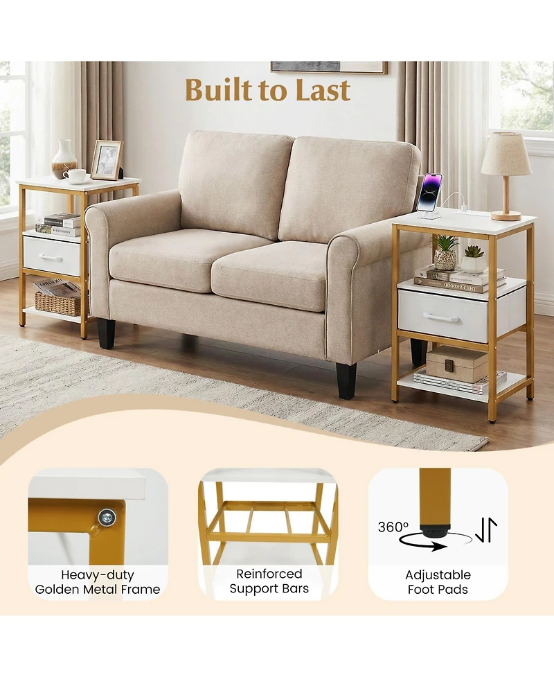 Sugift Nightstand with Charging Station and Adjustable Fabric Drawer for Bedroom and Living Room-Set of 2