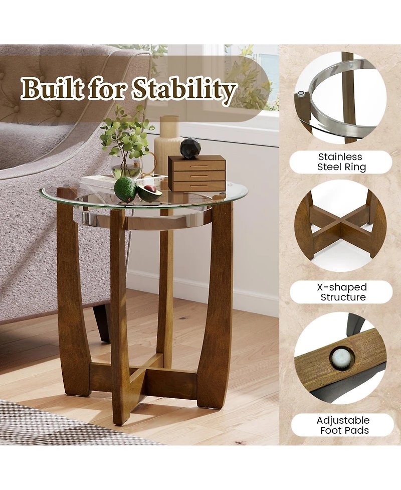 Sugift 24 Inches Round Side Table with Tempered Glass Top and Solid Rubber Wood Base-Walnut
