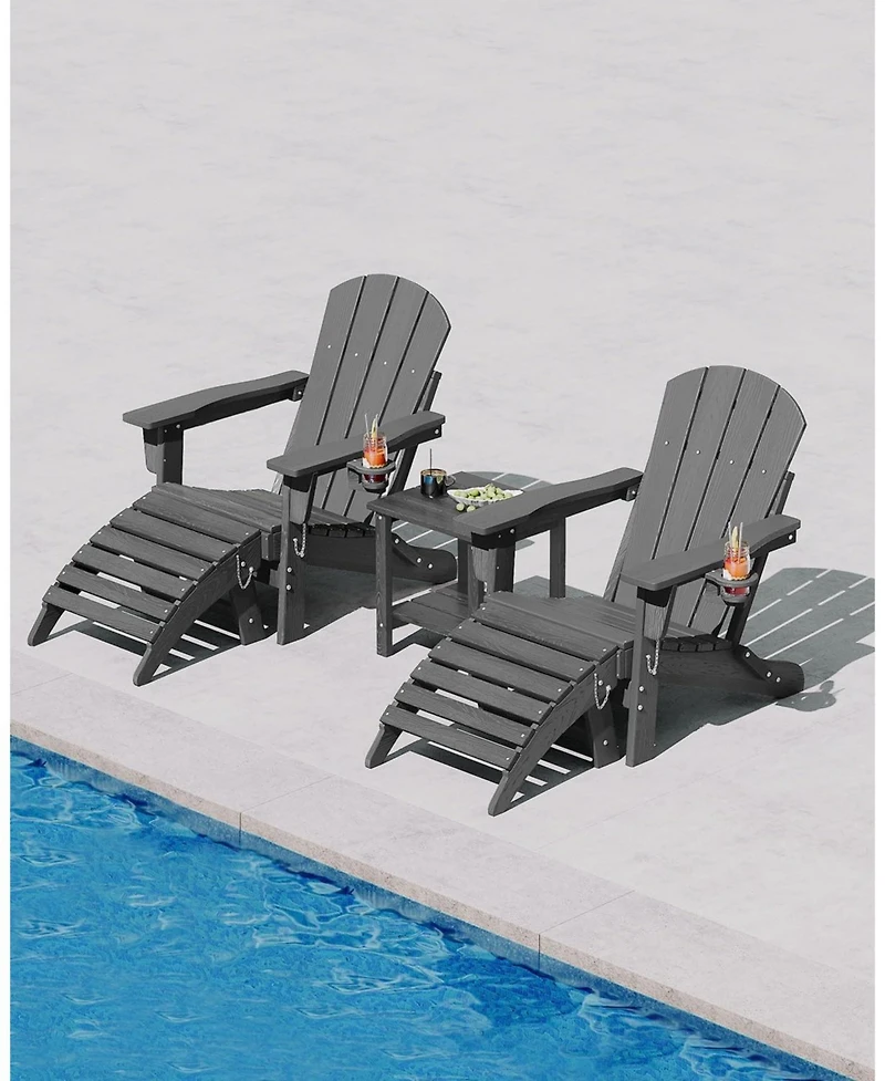 gaomon Folding Adirondack Chair Set of 2 with Ottoman, All-Weather Hdpe Outdoor Chair, Wooden Textured with Cup Holder for patios, Decks
