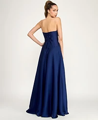 Alex & Sophia Juniors' Strapless V-Detail Polyester Slit Skirt Gown