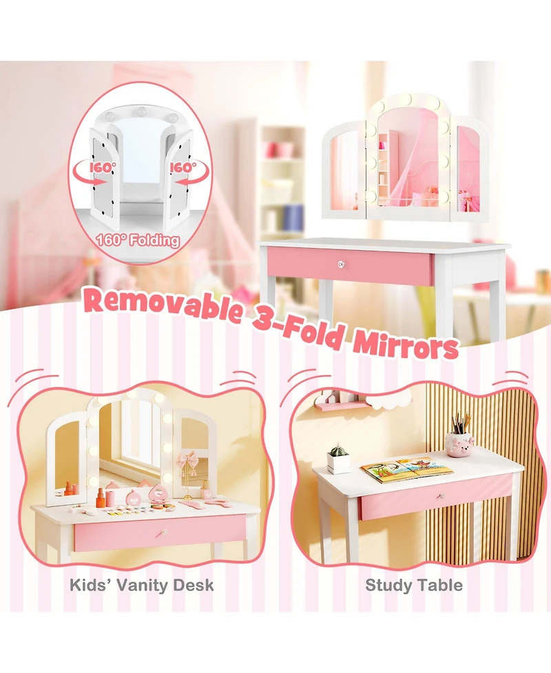 Sugift 2-in-1 Kids Vanity Table Set with Tri-Folding Detachable Mirror and Lights