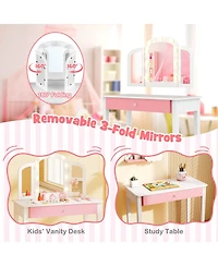 Sugift 2-in-1 Kids Vanity Table Set with Tri-Folding Detachable Mirror and Lights