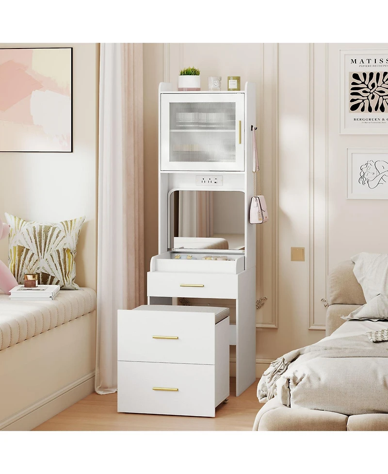 Sugift Makeup Vanity with Power Outlets and Flip-top Mirror and Storage Stool