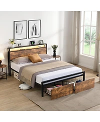 flynama Led Light Bed Frame with Storage Headboard Charging Station and Two Under Bed Drawers Metal Slat Support