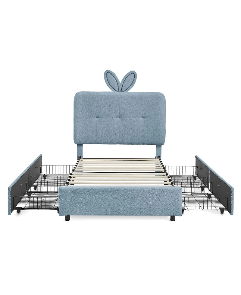 Rainsken Boucle Twin Size Kids Bed Frame, Upholstered Platform Bed with 4 Storage Drawers, Led Lights and Cute Rabbit Ear Headboard for Boys Girls