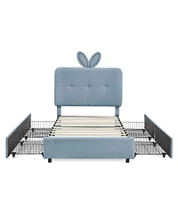 Rainsken Boucle Twin Size Kids Bed Frame, Upholstered Platform Bed with 4 Storage Drawers, Led Lights and Cute Rabbit Ear Headboard for Boys Girls