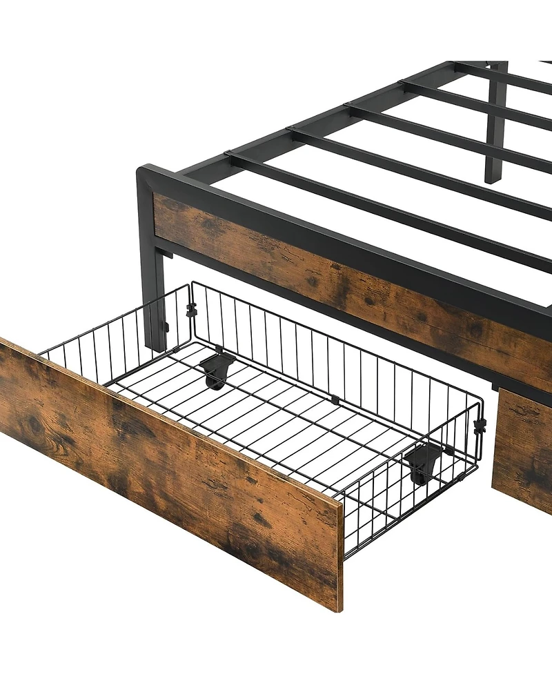 Rainsken King Size Metal Bed Frame with Storage Drawers, Charging Station, Led Lights and Upholstered Headboard, Sturdy Platform Bed for Bedroom