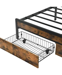 Rainsken King Size Metal Bed Frame with Storage Drawers, Charging Station, Led Lights and Upholstered Headboard, Sturdy Platform Bed for Bedroom