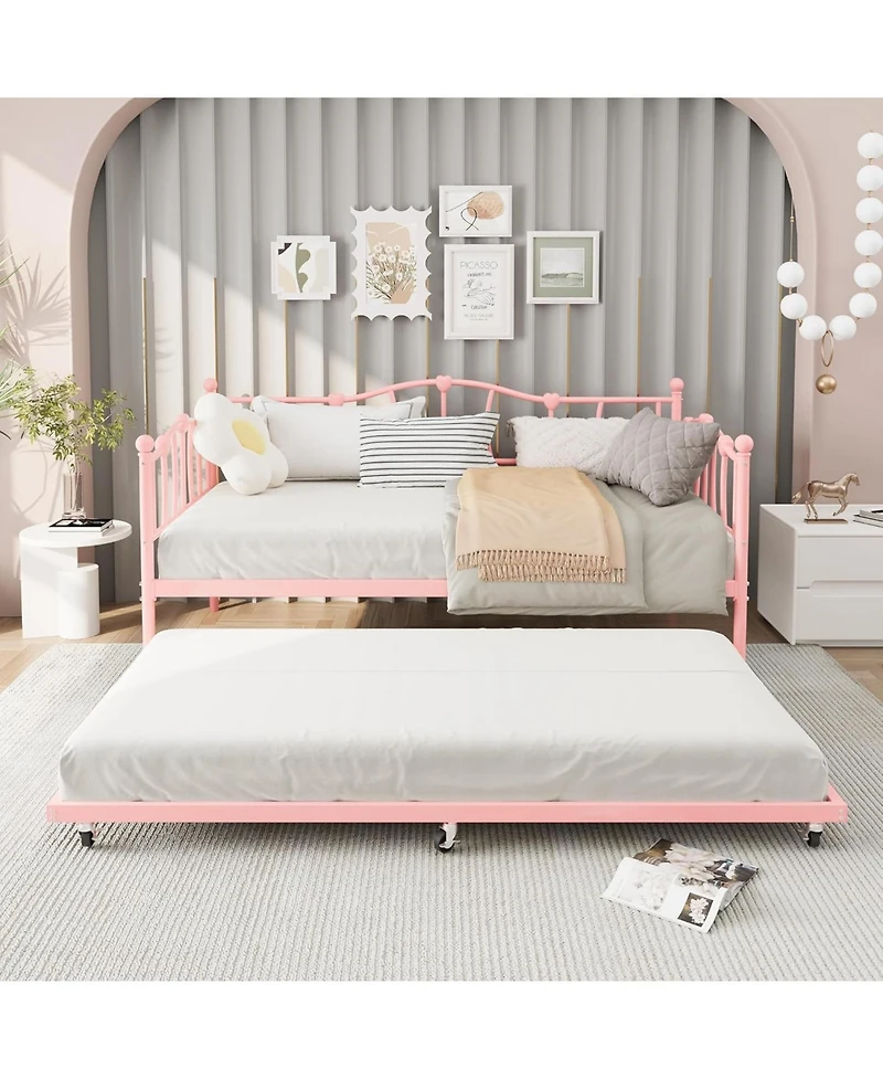 gaomon Daybed with Trundle, Metal Sofa Bed Frame with Steel Slat Support, Love Heart Design, No Box Spring