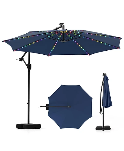 Sugift 10 ft Solar Offset Hanging Umbrella with Base and Led Lights