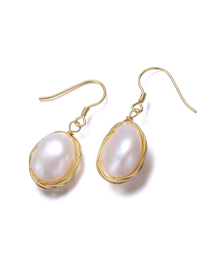 Sterling Silver 14K Gold Plated with Genuine Freshwater Pearl Dangle Earrings
