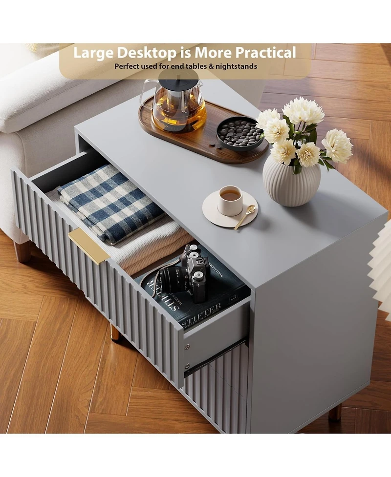 gaomon Fluted 3 Drawer Dresser Modern Nightstand with Metal Handles and Deep Drawers