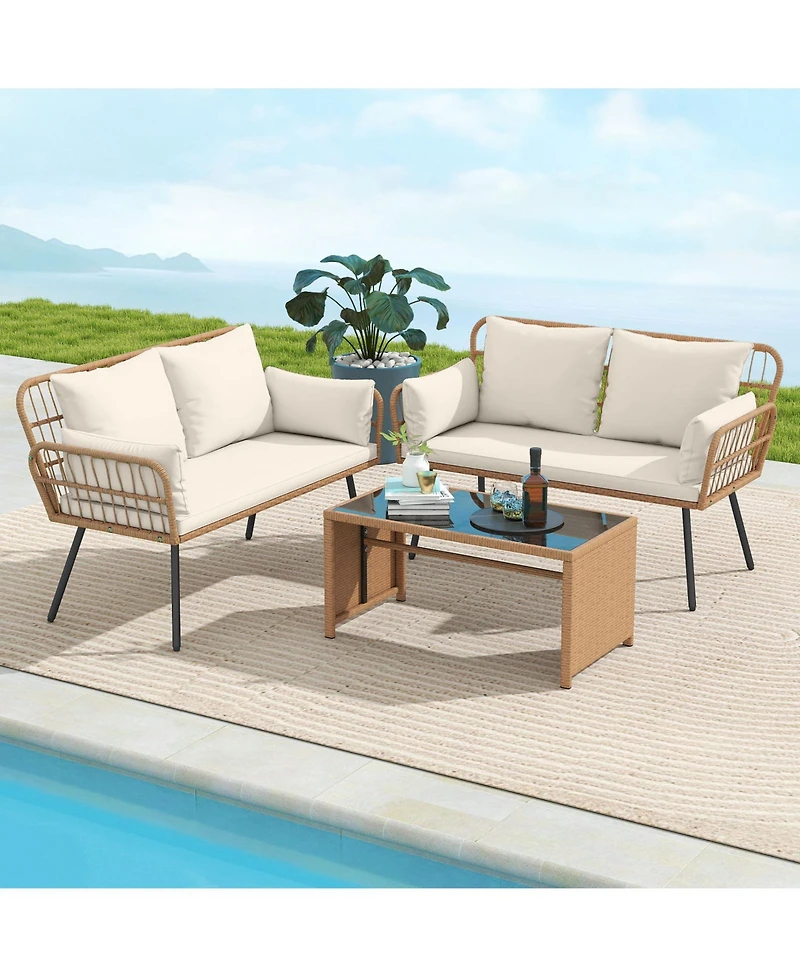 Sugift Outdoor Rattan Two Seat Chair with Cushions and Metal Legs