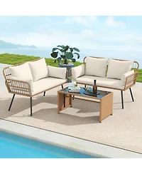 Sugift Outdoor Rattan Two Seat Chair with Cushions and Metal Legs