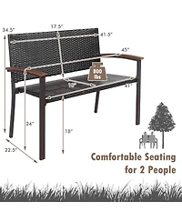 Sugift Outdoor Patio Rattan Wicker Bench with Armrests for Garden