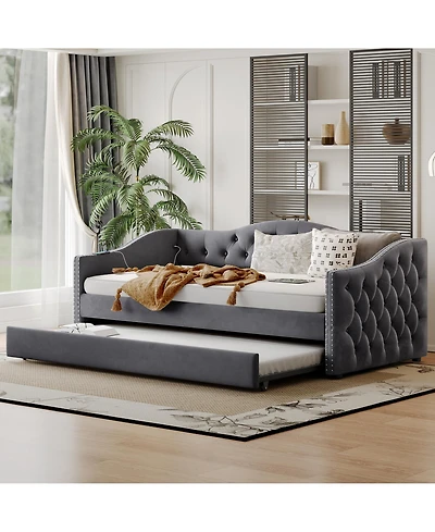 flynama Twin Size Velvet Upholstered Daybed With Trundle 2 Usb Charging Sturdy Wood Slats