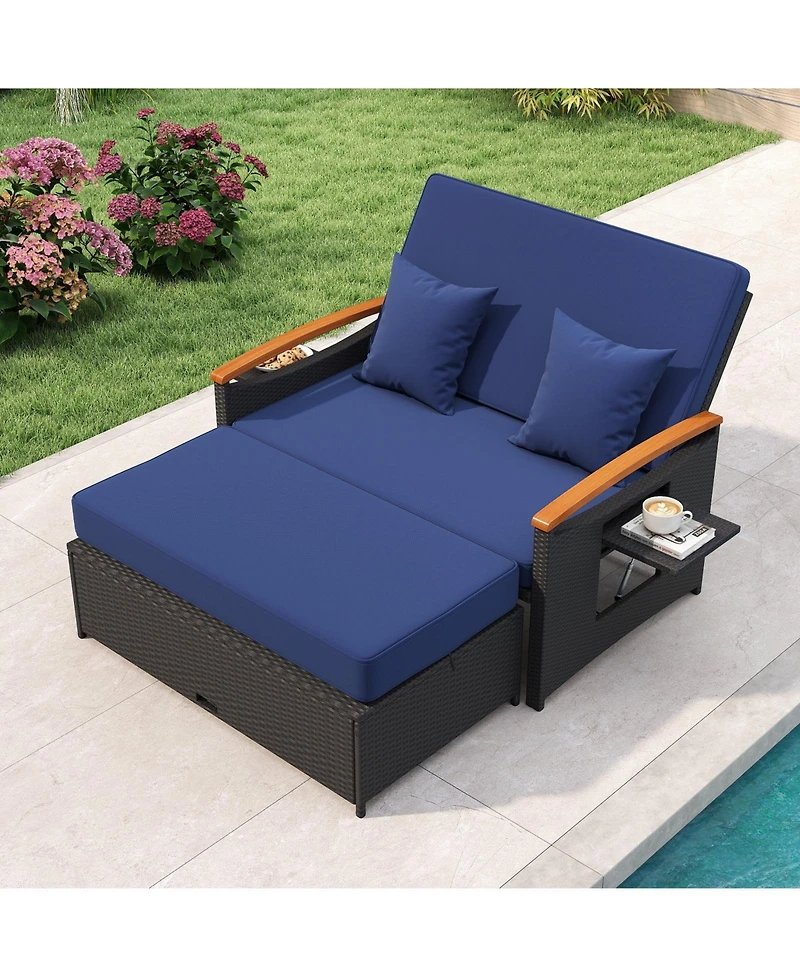Sugift Outdoor Wicker Daybed with Folding Panels and Storage Ottoman