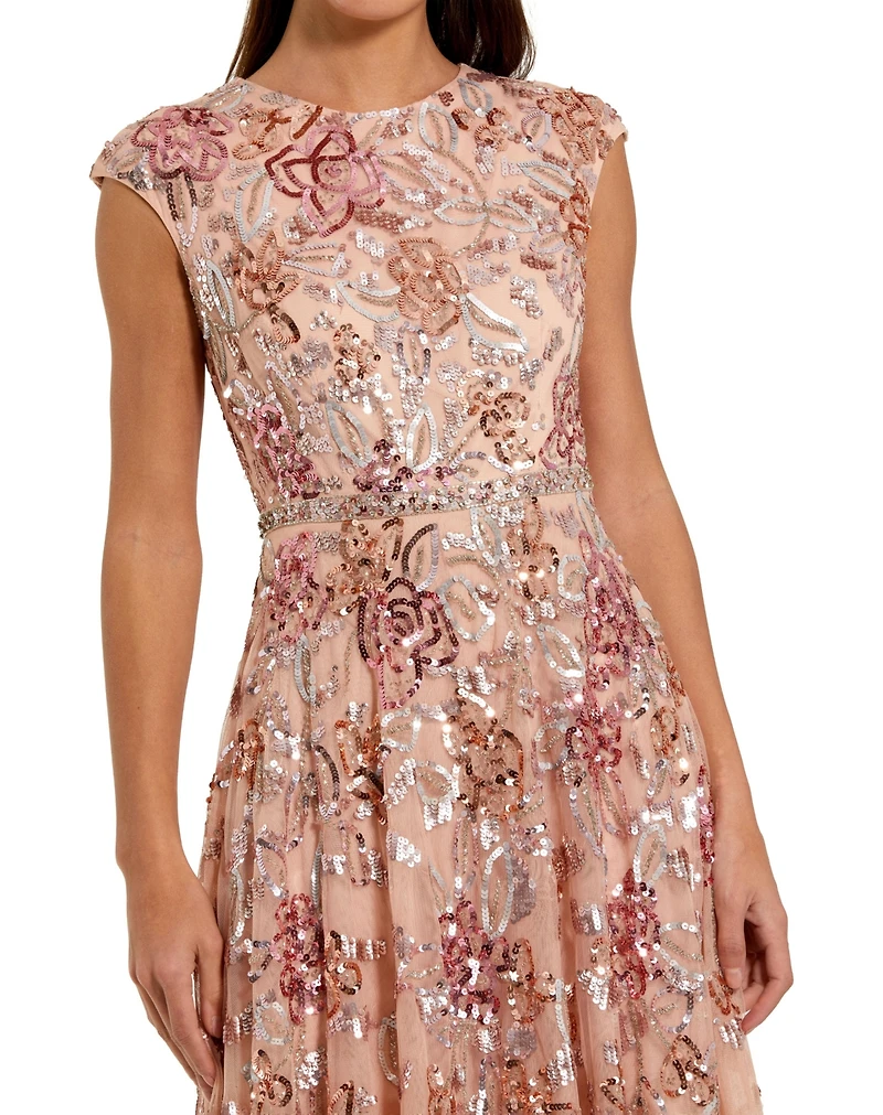 Mac Duggal Women's Sequined High Neck Cap Sleeve A Line Gown