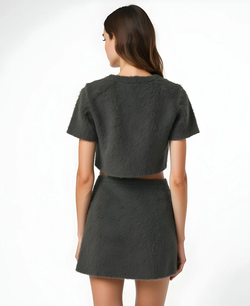 Modenaire Women's Fuzzy Knit Crop Top and Mini Skirt Set