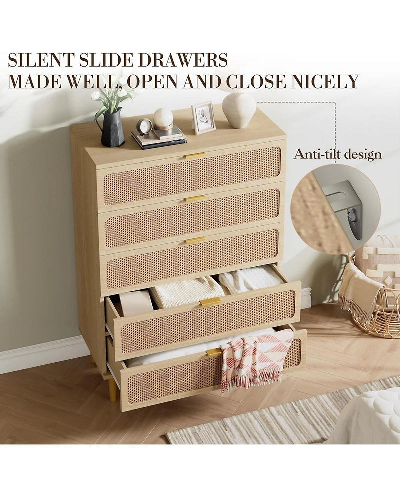 gaomon Rattan 5 Drawer Dresser Natural Deep Storage Wide Top for Bedroom and Living Room