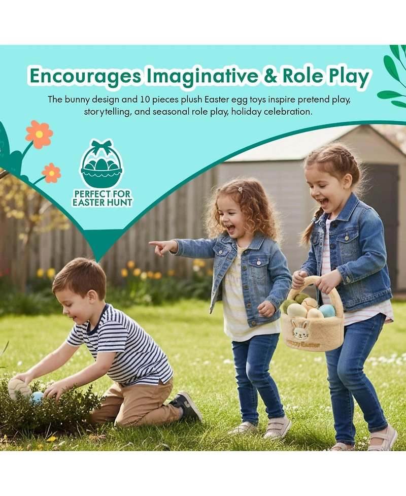 Sperric Easter Plush Bunny and Basket with Egg Toy Set, 13" Soft Cuddly Stuffed Bunny Bow and 9.5" Easter Basket with 10pc Plush Eggs