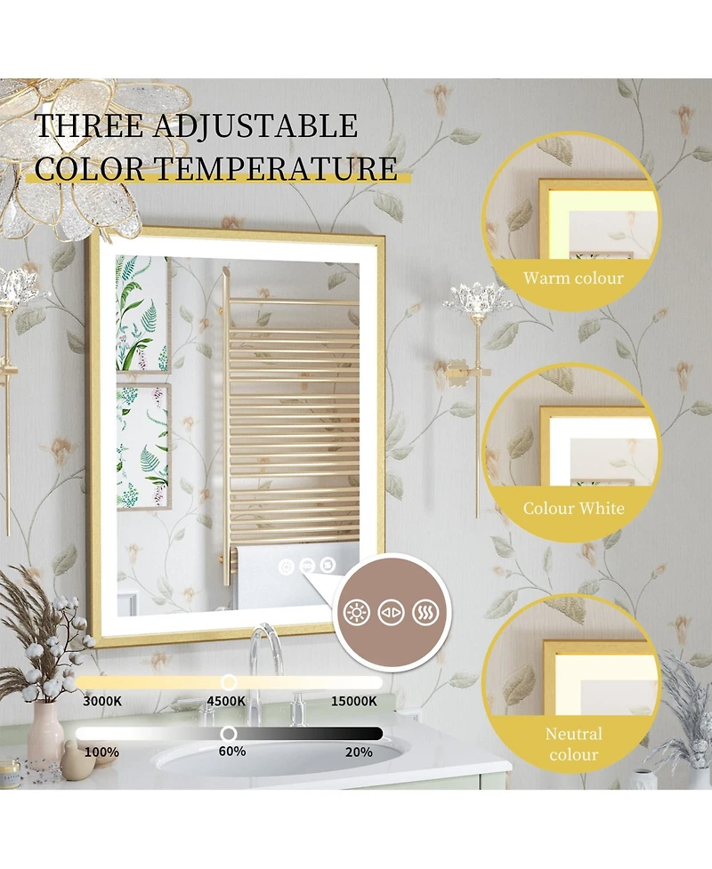 Luvodi Led Bathroom Mirror with Gold Frame 3 Color Temperature Anti-Fog