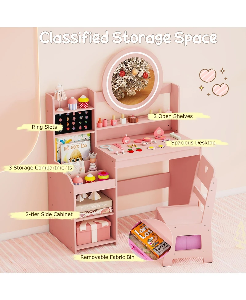 Sugift Kids Vanity Desk with Mirror and Lights Princess Pretend Play Dressing Table and Chair Set
