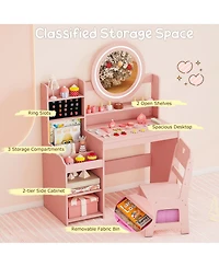 Sugift Kids Vanity Desk with Mirror and Lights Princess Pretend Play Dressing Table and Chair Set