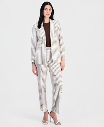 Anne Klein Womens Linen Blend Striped Blazer Scallop Trim Sleeveless Top Striped Pull On Pants