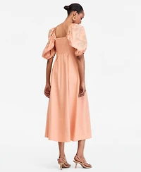 I.n.c. International Concepts Women's Linen-Blend Embroidered Puff-Sleeve Midi Dress, Macy's Exclusive