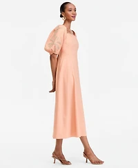 I.n.c. International Concepts Women's Linen-Blend Embroidered Puff-Sleeve Midi Dress, Macy's Exclusive