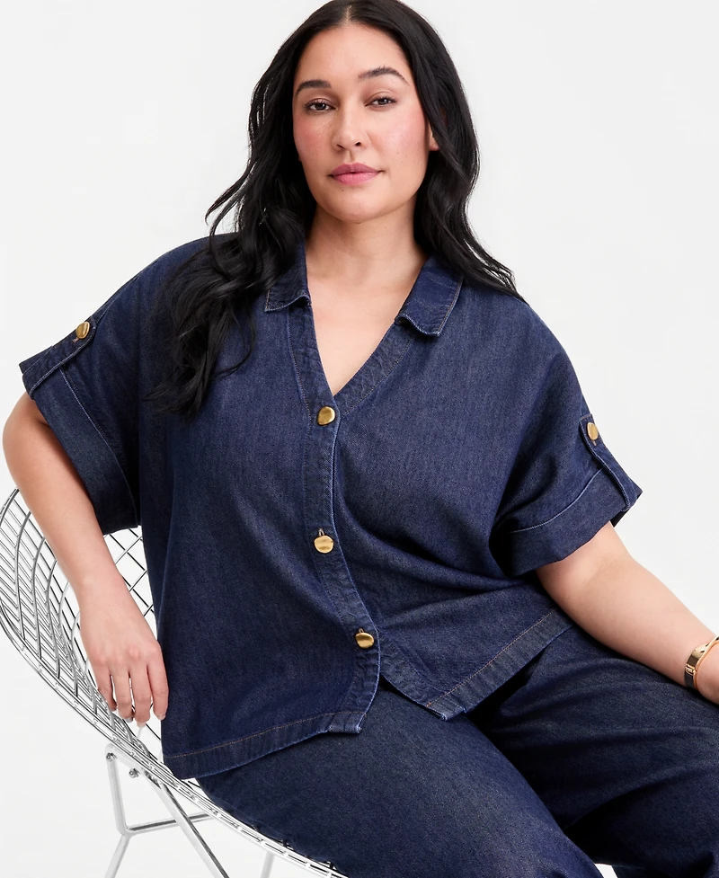 I.n.c. International Concepts Plus Button-Front Denim Shirt, Macy's Exclusive