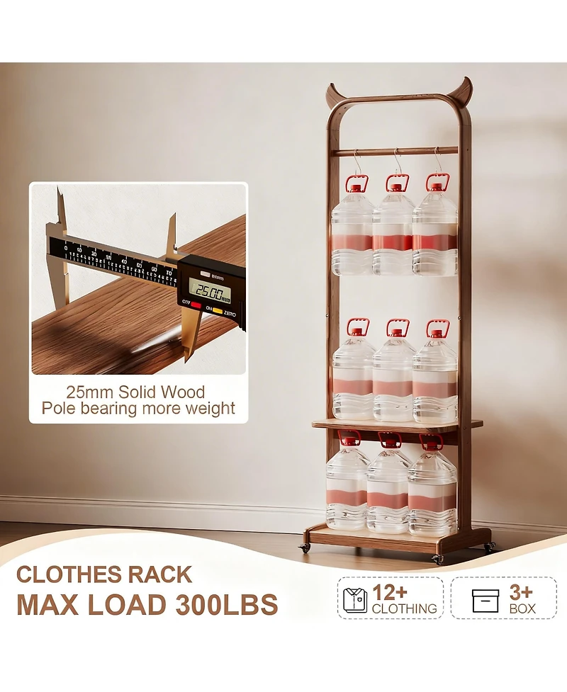 Yigii Portable Wood Clothing Rack with Hooks and Shelves