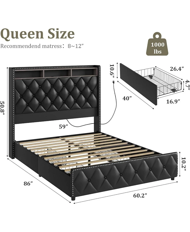 gaomon Queen Upholstered Platform Bed Frame with 4 Drawers, Nailhead Headboard, Charging Station, Led Lights, No Box Spring
