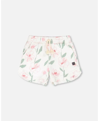 Deux par Deux Little Girls French Terry Shorts Off White Printed Flowers