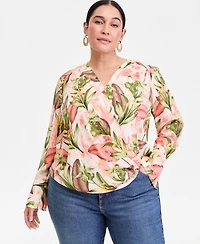 I.n.c. International Concepts Plus Printed Surplice Long-Sleeve Blouse, Macy's Exclusive