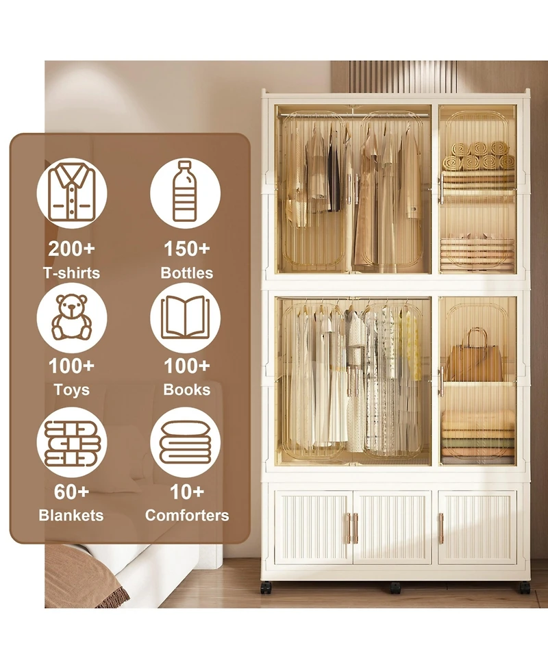 Boyel Living Portable Wardrobe Closet with 9 Magnetic Doors, 2 Hanging Rods & 6 Hangers