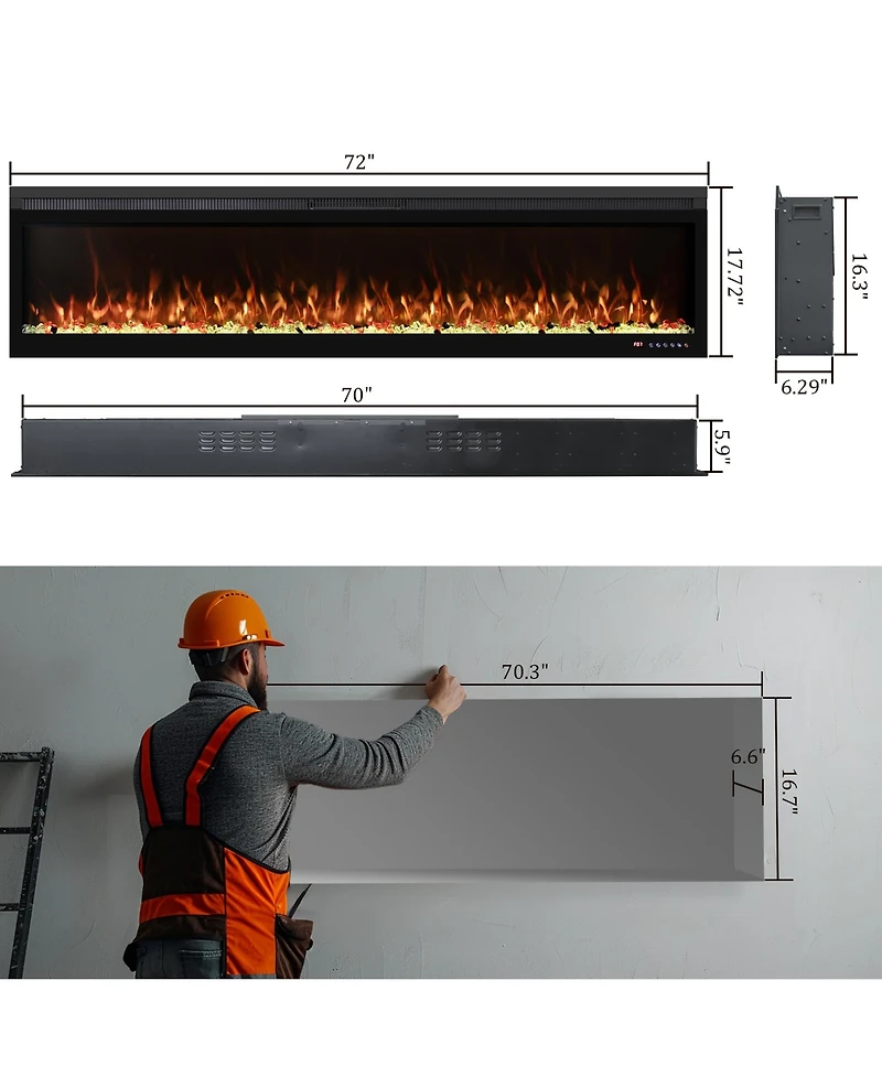 Mondawe 72" Linear Recessed-in Electric Fireplace with Remote Control, Adjustable Heat and Timer
