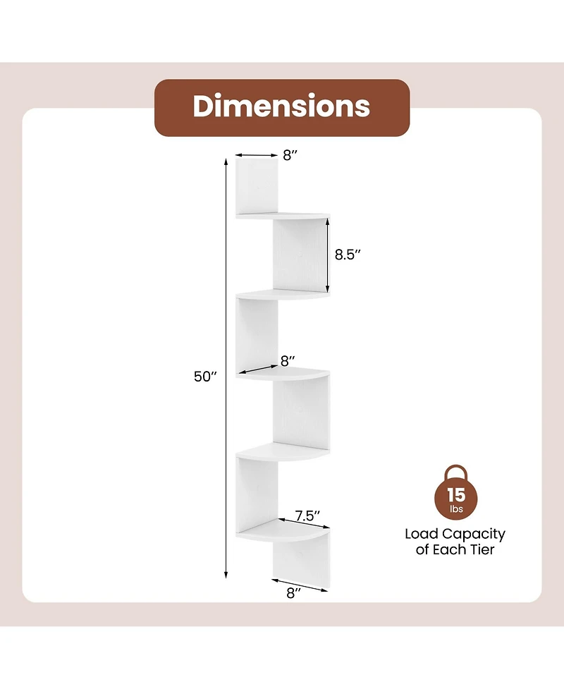 Sugift 5-Tier Corner Shelf Floating Bookshelf Wall Mounted Storage Organizer