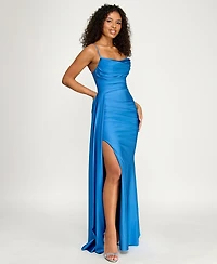 B Darlin Juniors' Sleeveless Cowl Neck Shiny Knit Gown