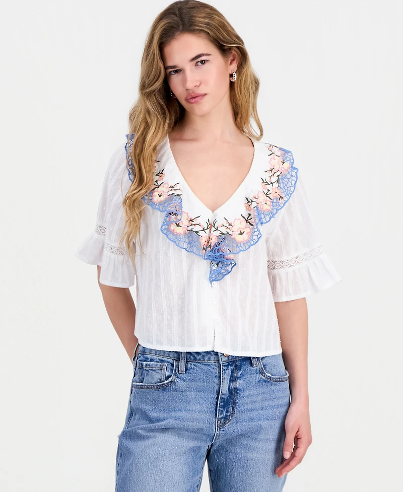And Now This Petite Cotton Embroidered Ruffled Top, Macy's Exclusive