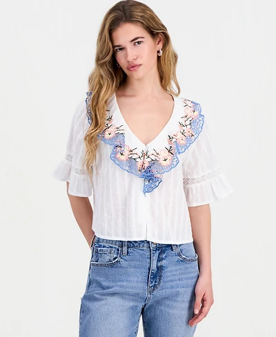 And Now This Petite Cotton Embroidered Ruffled Top, Macy's Exclusive