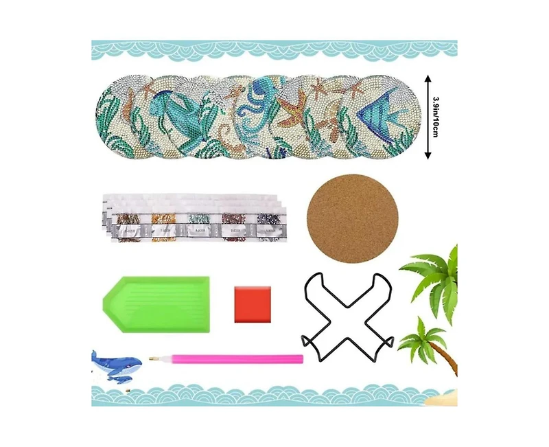 JDiction Diy Marine Animal Diamond Painting Coasters (16 Pcs) with Holder and Cork Base, 8 Ocean Patterns, Ideal for Home Decor and Holiday Gifting
