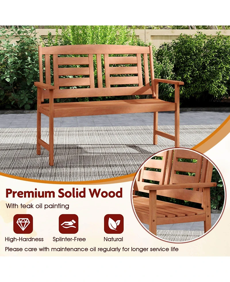 Costway Outdoor Solid Wood Loveseat with Inclined Backrest & Slatted Seat Teak Painting