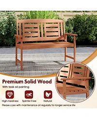 Costway Outdoor Solid Wood Loveseat with Inclined Backrest & Slatted Seat Teak Painting