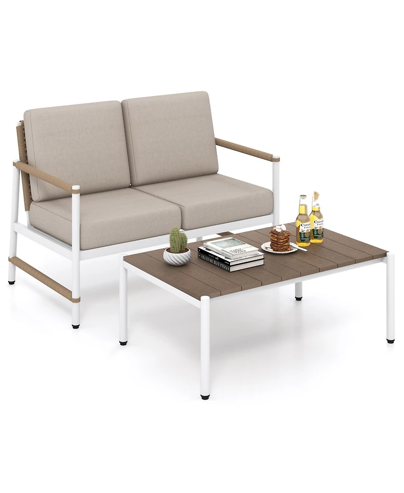 Gouun Outdoor Loveseat Sofa and Coffee Table Set with Thick Seat Cushions