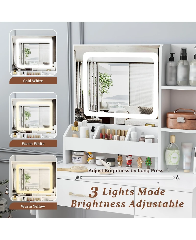Rainsken Makeup Vanity Set with Storage Stool, Dressing Table with Led Mirror Lights, Power Outlet Charging Station, Drawers and Cabinets for Bedroom