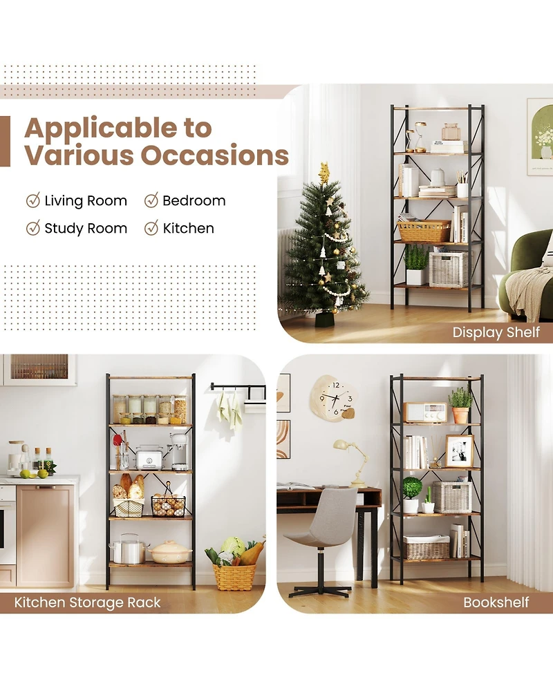 Sugift Five Tier Bookshelf with Open Shelves and Metal Frame